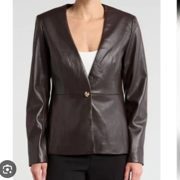 NWT Elli Tahari V Neck Faux Leather Single Button Brown Jacket. Size 10P - Picture 1 of 5